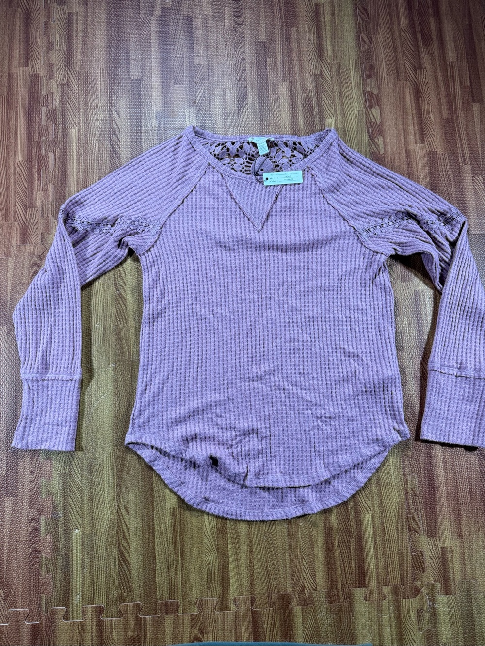 Cupio Dusty Mauve Lace-Back Waffle Knit Long Sleeve Top